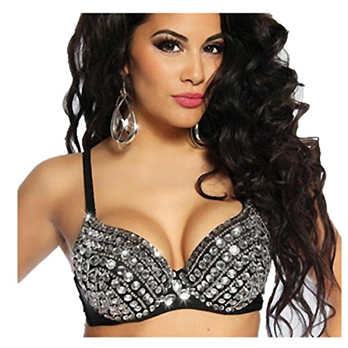 Challyhope Hot Sale! Womens Stylish Bra Jazz Dance Lead Pole Dancing Punk Silver Studded Push-up Bra
