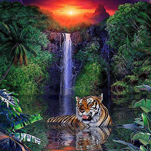 5D Diamond Painting Kits for Adults Kids, DIY Round Tiger and Waterfall Full Drill Rhinestone Art Craft for Home Wall Deco, 15.7 x 11.8inch by Cenda