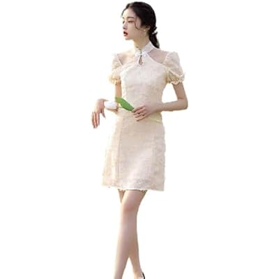 Womens Chinese Dress - Summer Halter Beige Cheongsam Sexy Vintage Women Short Dress Slim Hollow Out Costumes