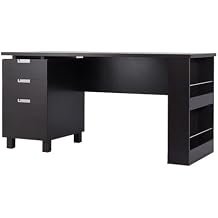 Scranton & Co Modern 3-Drawer Wood/Steel Office Desk, 59 in Wide, Espresso Finish, Built-in Filing Cabinet, Open Shelves, Chrome Accents, Particle Board Construction, Home Office Desk for Workspace