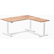 Desky 60" L-Shaped Electric Standing Desk, Acacia Top, White Frame Dual Motor Height Adjustable Sit Stand Desk with Memory Presets for Home Office Ergonomic Setup