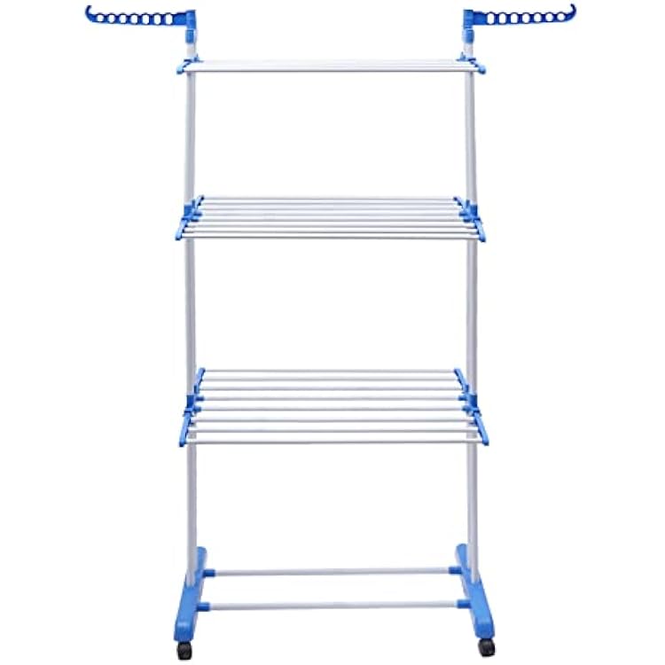 Clothes Drying Rack Foldable 4-Tier Foldable Drying Rack Clothing Movable Laundry Hanger Dryer Racks Multifunctional Stainless Steel Laundry Drayer Racks Blue