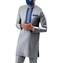 Men's African 2 Piece Set Long Sleeve Outfit Dashiki Suit Shirt and Pant Traditional Ethnic Clothing Tracksuit Attire (Color : Gray, Size : Medium)