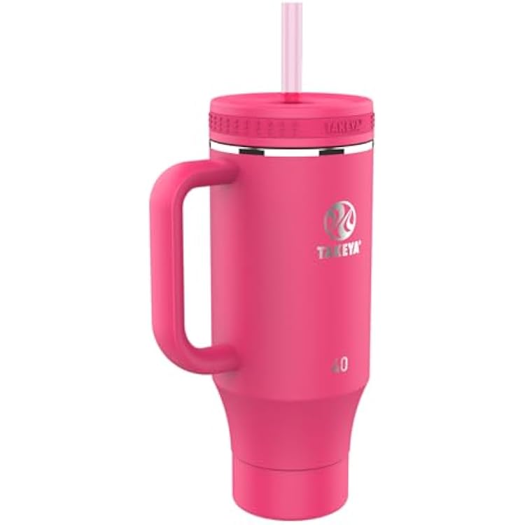 Takeya Stainless Steel Tumbler with Handle and Straw 40 oz, Dragonfruit - Insulated Water Bottle with Straw for Water & Iced Beverages