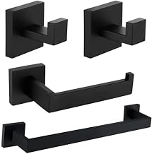Nolimas 4 Pieces Matte Black Bathroom Hardware Set SUS304 Stainless Steel Square Wall Mounted Including 16 Inch Towel Bar, Toilet Tissue Holder, Robe Towel Hooks,Bathroom Accessories Kit