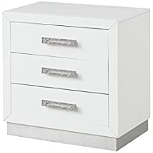 Nightstand White Wood 3-Drawer Bedside Table with Crystal Diamond Hardware Smooth Drawers Milky White Finish for Bedroom Storage and Nighttime Essentials
