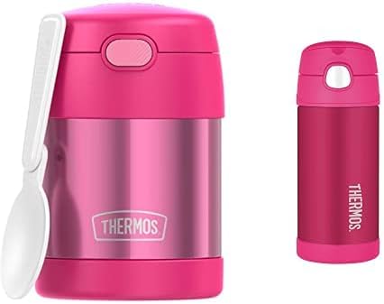 THERMOS FUNTAINER 10 Ounce Stainless Steel Vacuum Insulated Kids Food Jar with Folding Spoon, Pink & FUNTAINER 12 Ounce Stainless Steel Vacuum Insulated Kids Straw Bottle, Pink