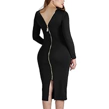 Womens Long Sleeve Zipper V Neck Backless Bodycon Slim Sexy Club Midi Dress