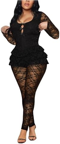 Womens Jumpsuits Dressy Lace Cutout Bow Front Ruffled Trim Floral Lace One Piece Party Club Jumpsuits Outfits