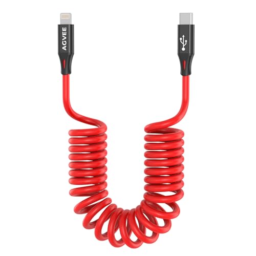 AGVEE 1.5ft Coiled Short USB-C to Lightning Charging Cable [MFI Certified] 30W PD Fast Charger Cord in Car for iPhone 14131211XS8765 CarPlay, iPad, iPod, Red