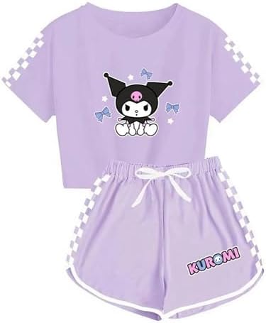 Anime Crop Top T Shirt and Shorts Set Petite Womens 2 Piece Short Sleeve Outfits Girls Summer Active Tracksuit, Light Purple, S