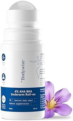 Be Bodywise 4% Aha Bha Underarm Roll On 50ml | 2% Lactic Acid, 1% Mandelic Acid, 1% Salicylic Acid | Controls Odour &amp; Reduces Pigmentation | 0% Alcohol &amp; 0% Aluminium | Flora Fragrance