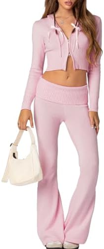 Yuemengxuan Y2k Outfits Set Women Two Piece Knitted Set Long Sleeve Zipper Hoodie Crop Top High Waist Trousers Tracksuit