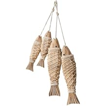 PWMENLK 4 Pcs Hand Carved Wooden Fish Home Wall Decor with Decorative Twine Rustic Coastal Art for Nautical Parties, Under The Sea Themes, Lake House Beach Themed Celebrations
