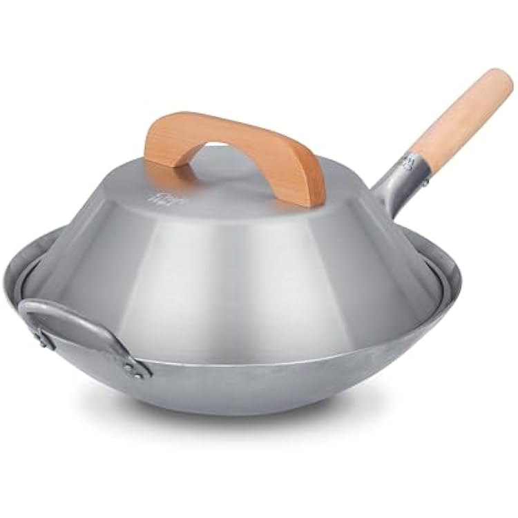 Craft Wok 14-Inch Flat Wok with Lid Traditional Hammered Carbon Steel Pow Wok and Dome Lid Set, Flat Bottom with Wooden Handles, Asian Cookware  731W316732W3