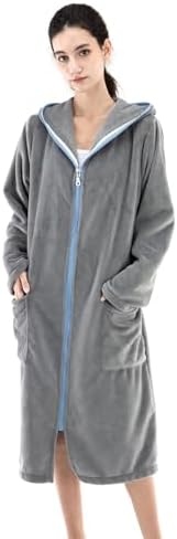COSUSKET Womens Bathrobe, Zipper Sleepwear Nightgowns Fleece Long Sleeve Zip up Hooded Robes with Pockets House Coat