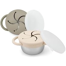 PandaEar 2 Pack Stainless Steel Toddler Snack Cups, Spill Proof Snack Containers with Silicone Food Catcher & Handles, 9 oz Baby Snack Cup Holder with Lid for Kids, Dishwasher Safe (Beige & Sage)