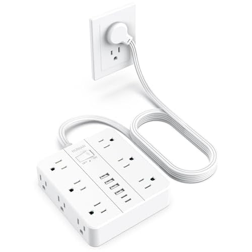 Flat Plug Surge Protector Power Strip, HUNIAN 12 Widely Spaced Outlets with 6 USB Charger 2 USB C Ports, 10 Ft Extension Cord Desk Charging Station for Home Office Supplies, Dorm Room, White