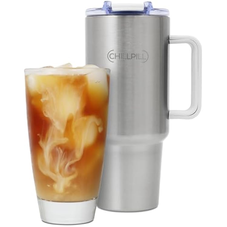 CHILLPILL GO Iced Coffee Chiller - Stainless Steel Cup Iced Coffee Maker & Espresso Chiller, Fast Cooling Cold Brew Coffee Maker, Instant Drink Chiller with Lid & Straw