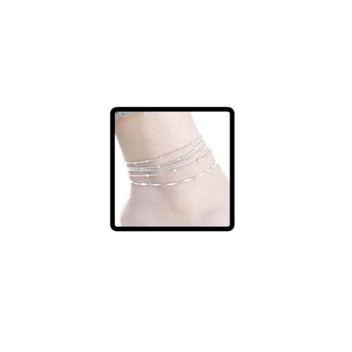 Boho Beaded Anklets Silver Multilayer Bead Chain Anklet Bracelets Beach Accessories Foot Jewelry Adjustable for Women