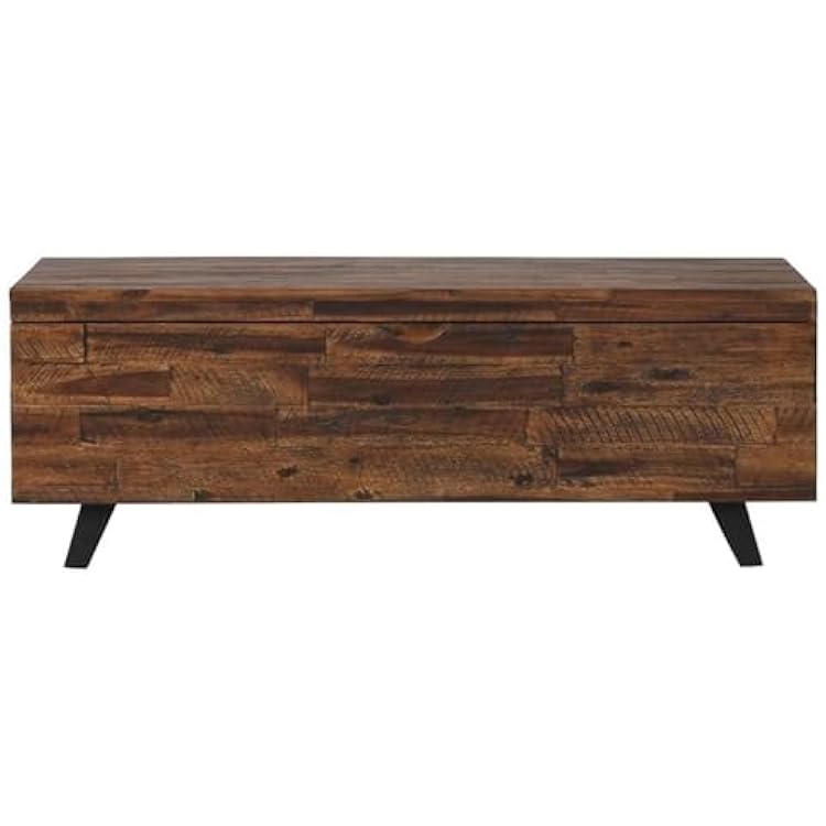 MAKLAINE Broadmore Rectangular Acacia Wood Storage Trunk, 46 in Top, Brown Finish, Black Metal Legs, Hinged Lid, Versatile Coffee Table or Entryway Storage for Living Room or Bedroom