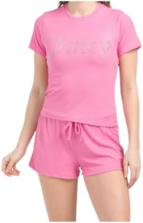 Juicy Couture Womens Ribbed Short Sleeve Shirt and Shorts Pajama Set