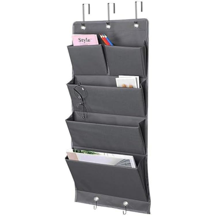 5 Pockets Over the Door Organizer and Storage Hanging with Hooks, Wall Mount Office Supplies File Folders Document Holder for Notebooks, Paper,Supplies, Closets, Families, Filing Gray