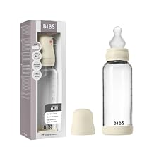 BIBS Baby Glass Bottle. 8 US fl oz / 240 ml. Anti-Colic. Vented Round Silicone Nipple. Supports Natural Breastfeeding, Medium Flow, Complete Set - Ivory