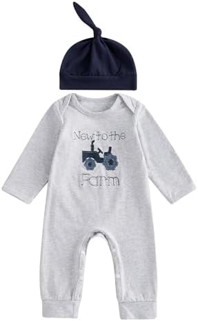 Bagilaanoe Fall Outfit Newborn Baby Boy One Piece Clothes Farm Tractor Long Sleeve Romper Jumpsuit Hat Set