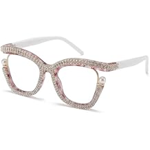 Stylish Rhinestone Cat Eye Reading Glasses for Women, Pearl Crystal UV400 Anti-blue Light Readers for Women