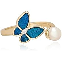 Blue Peacock Feather Butterfly Ring for Women, Gold Plated Pearl Statement Ring Adjustable, Dainty Chinese Handmade Women's Jewelry
