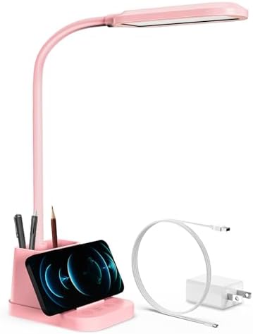 AXX Pink Desk Lamp for Kids, Cute Study Table Light for Bedrooms, Kawaii, USB Charging Port, Small, LED, 650LM, Room College Dorm Essentials, Office Accessories for Women Teen Girls