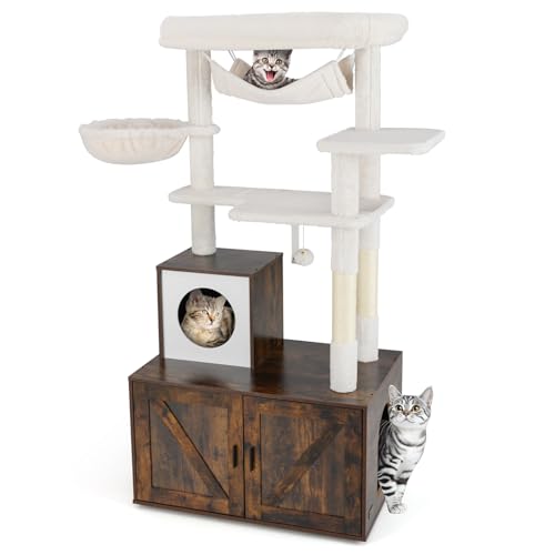 PETSITE Cat Tree with Litter Box Enclosure, Industrial Hidden Litter Box with Cat Tree Tower, Sisal Scratching Posts, Condo, Side Basket Bed, Hammock, Dangling Ball, and Anti-toppling Device