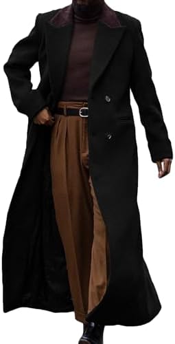 Mans Double Breasted Full Length Trench Coat Casual Notch Lapel Long Jacket Peacoat Wool Blend Winter