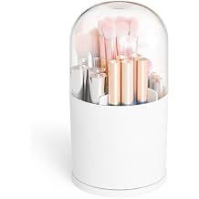 Yieach Rotating Acrylic Makeup Brush Holder with Lid for Vanity,Bathroom,Countertop,Covered Makeup Brushes Organizer,Round Spinning Cosmetic Brushes Holder and Make up Brush Storage with Cover,White