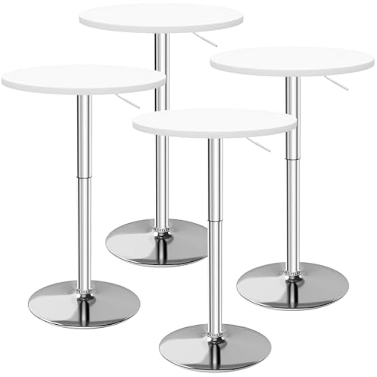 Furmax Bistro Pub Table Height Adjustable Round Bar Table 27.4-36 Inches, 360Swivel Cocktail Table for Dining Room, Party, Cafe 4, White-Silver