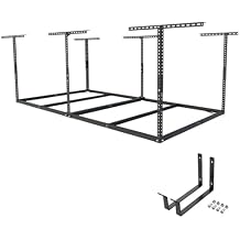 FLEXIMOUNTS 4x8 Overhead Garage Storage Rack without Decking,plus 2-Pack Add-On Storage Utility Hook Accessory,600lbs Weight Capacity,Black