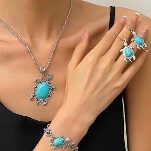 925 Sterling Silver Unique Bohemian Turtle Turquoise Earrings, Bracelet Necklace, Three Piece Set of Vintage Fashion Women's Ocean Enthusiast Jewelry Set