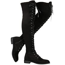 SACFOF Women's Over The Knee Low Heel Lace Up Tall Boots Thigh High Combat Casual Faux Suede Thigh High Riding Boots