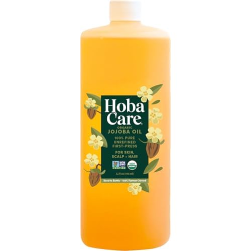 HobaCare Unrefined Organic Jojoba Oil for Skin Care, Hair, Beard, Scalp Massage - 100% Pure Carrier Oil for Perfume or Soap Making - Natural, Vegan, Cruelty-Free, Hexane-Free, Long Shelf Life 32 oz
