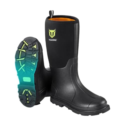 TIDEWE Rubber Work Boot for Men with Steel Shank, Waterproof Anti Slip Hunting Boot, Warm 6mm Neoprene Hunting Mud Boot, Sturdy Black Rubber Boot for Farming, Gardening, Fishing, Size 6-14