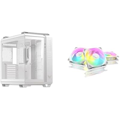 Bundle of ASUS TUF Gaming GT502 Horizon White ATX Mid-Tower Gaming Case Boundless Panoramic Design  ASUS TUF Gaming TR120 120mm ARGB White Reverse Fan Blade 3xPack, Flexible Side Pattern, Aura sync