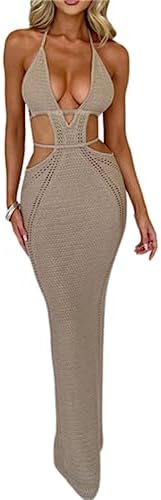 Women Sexy V Neck Bodycon Sweater Dress Knitted Halter Backless Hollow Out Waist Maxi Dress Party Club Long Dresses