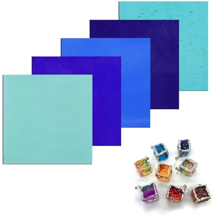 90 COE Fusing Glass Supplies Art Stained Glass Assorted Fusible Glass Jewelry Making Supplies for Microwave Kiln Fusing Glass DIY Crafts, Stained Mosaic Making Blue Series, 5PC