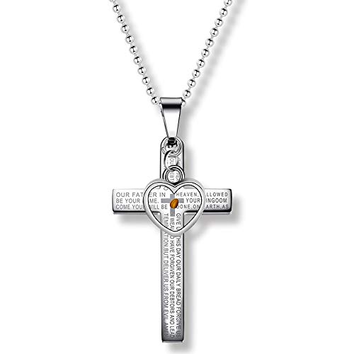 Uloveido Mens Stainless Steel Lords Prayer Bible Verse Engraved Cross Pendant Necklace with Round Mustard Seed