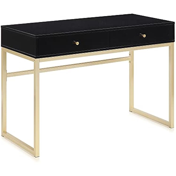 BELLEZE Modern 42 Inch Makeup Vanity Dressing Table or Home Office Computer Laptop Writing Desk with Two Storage Drawers, Wood Top, and Gold Metal Frame - Bronte Black