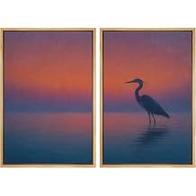 SIGNWIN Framed Canvas Print Wall Art Set Tranquil Heron at Sunset Over Water Illustrations Modern Art Decorative Multicolor for Living Room, Bedroom, Office - 16"x24"x2 Natural