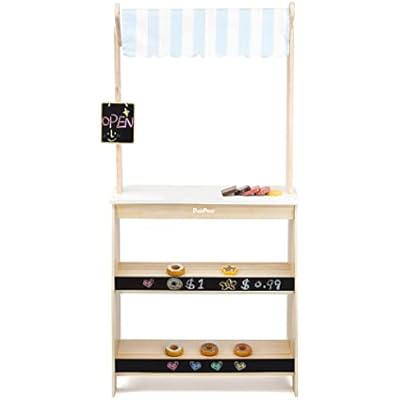 PairPear Grocery Store Pretend Play, Wooden Toys Lemonade Stand for Kids, Natural Style Market Stand Play Food Sets.