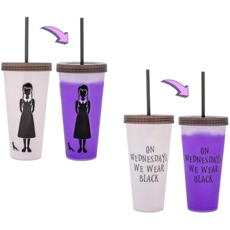 Wednesday We Wear Black Color-Changing Plastic Travel Tumbler | Includes Reusable Straw, Leak-Resistant Lid | Holds 24 Ounces