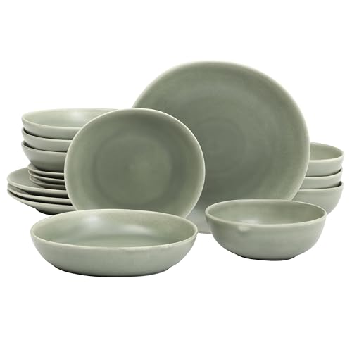 Gibson Elite Zion Mist 16 Piece Stoneware Reactive Glaze Service for 4 Ceramic Plates and Bowls Modern Organic Dinnerware Set - Green